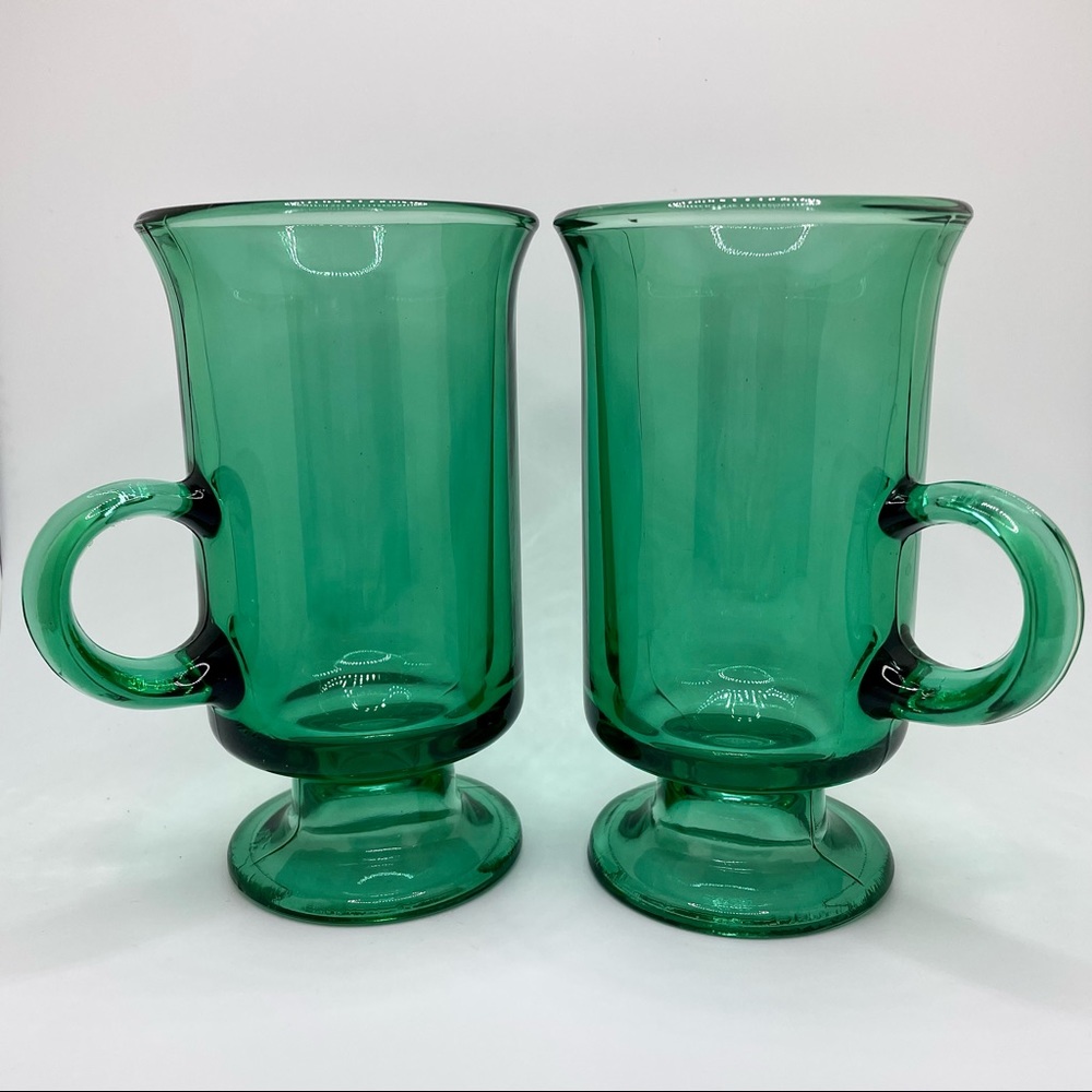 Emerald Green Anchor Hocking Footed / Pedestal Glass Mugs - Vintage Cup